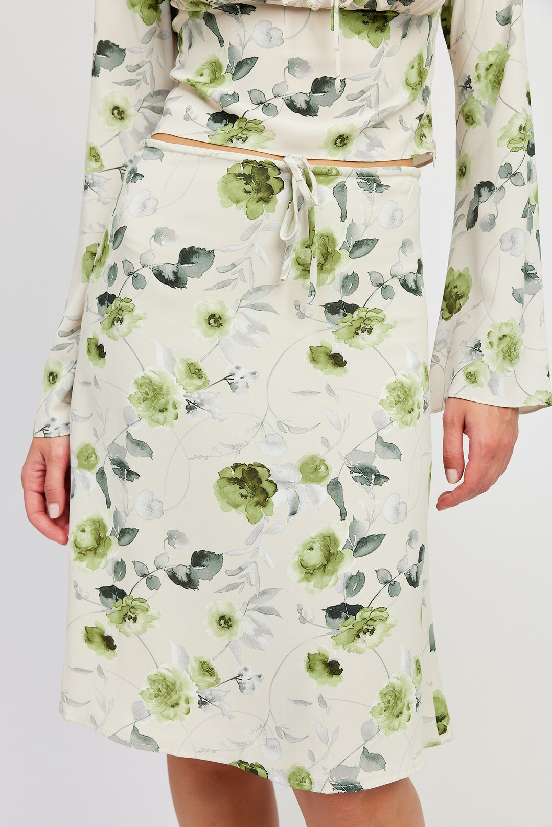Sage Cream Floral Midi Skirt With Front Drawstring