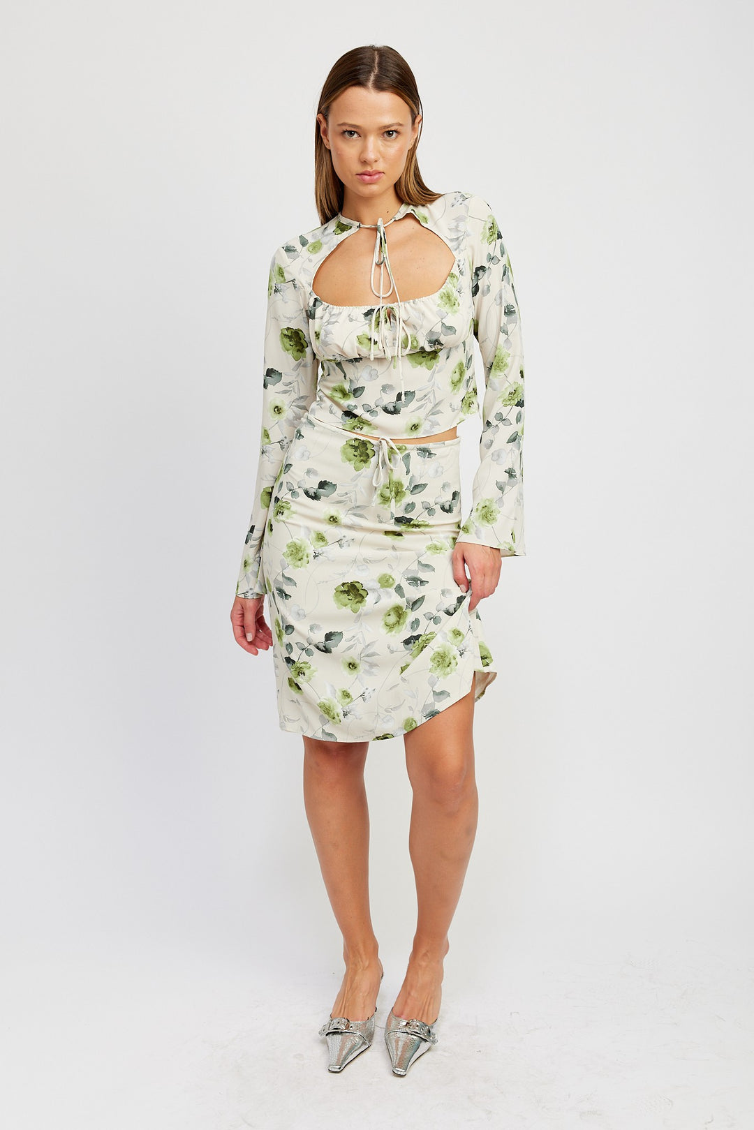 Sage Cream Floral Midi Skirt With Front Drawstring