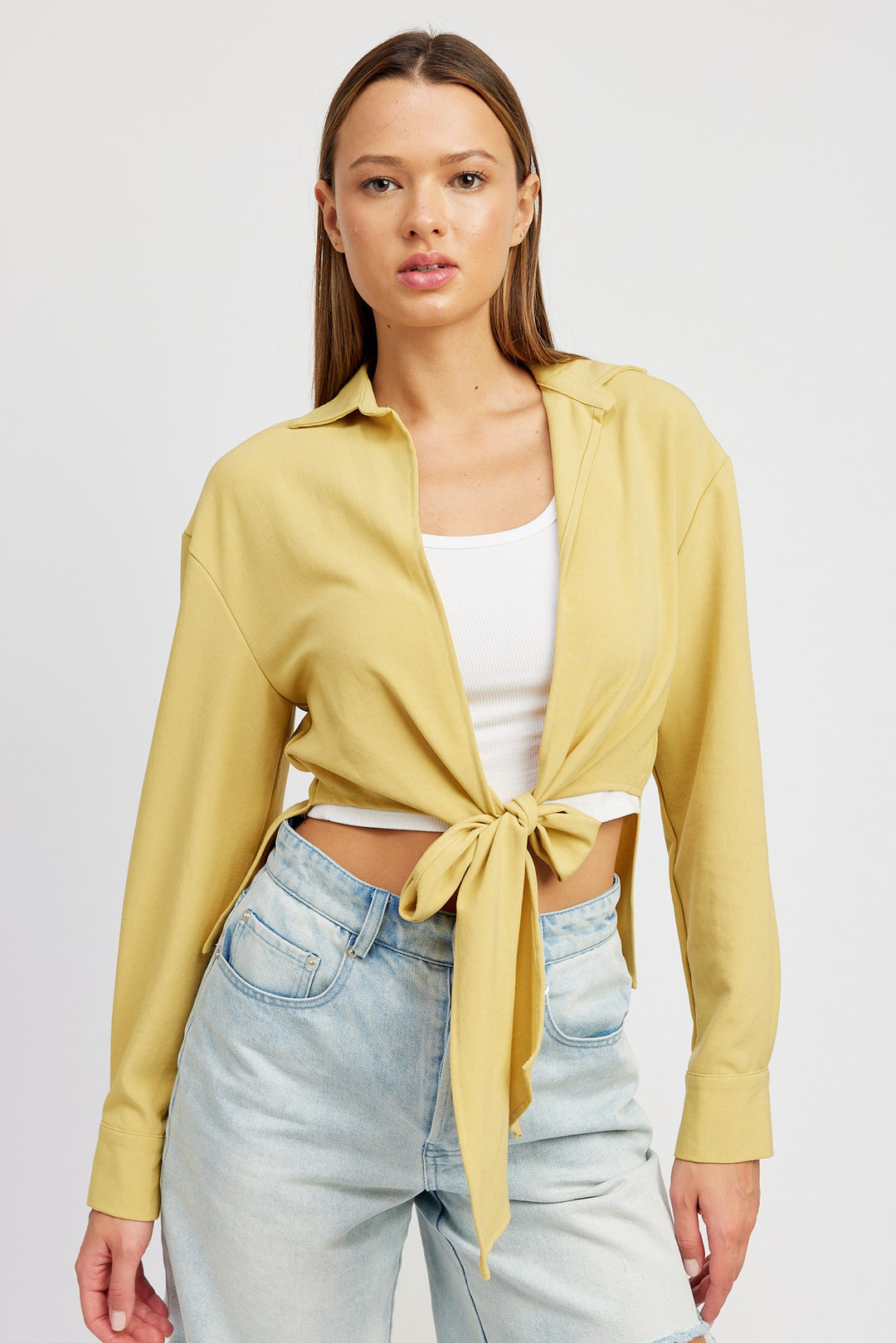 Yellow Tie Front Cropped Blouse