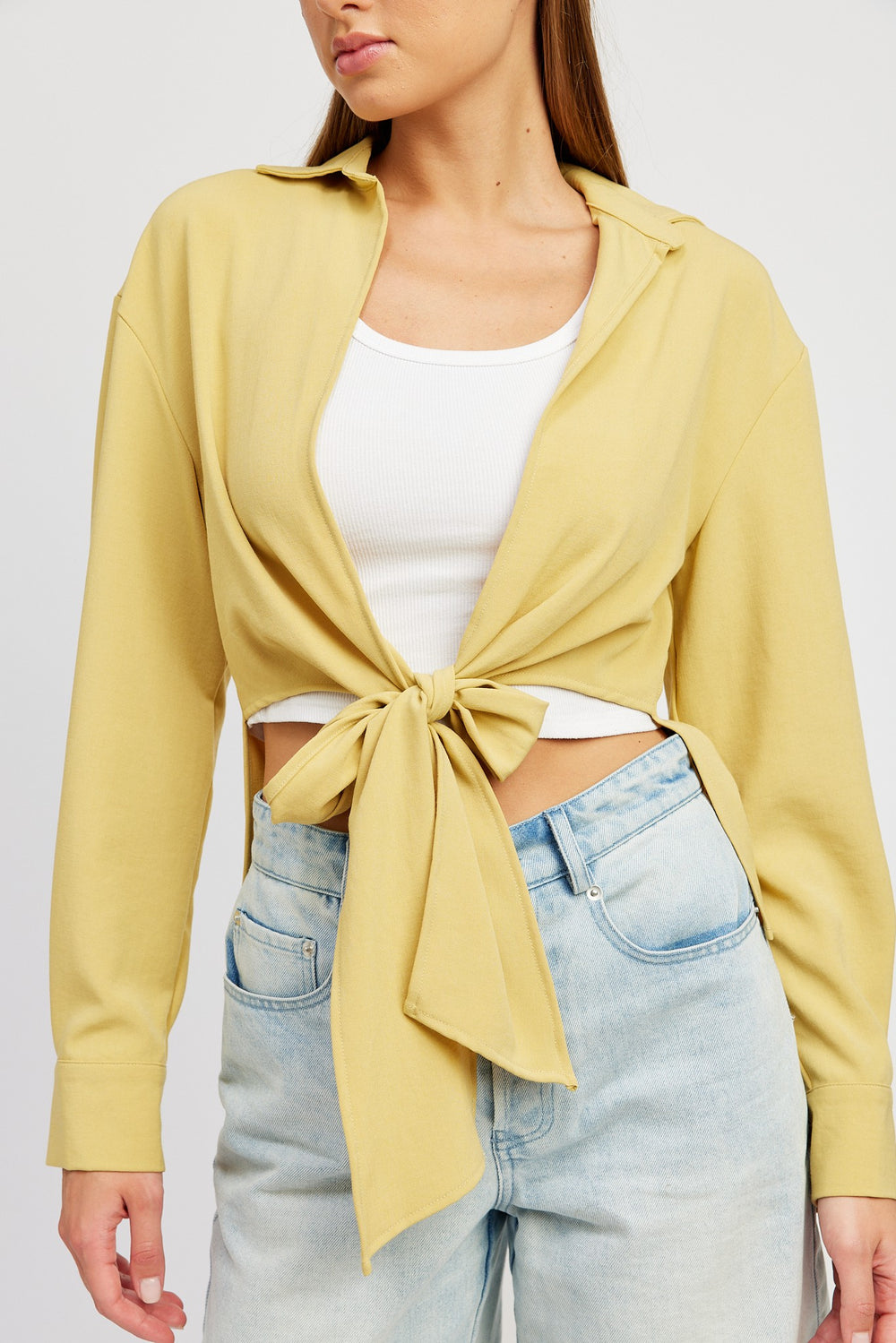 Yellow Tie Front Cropped Blouse