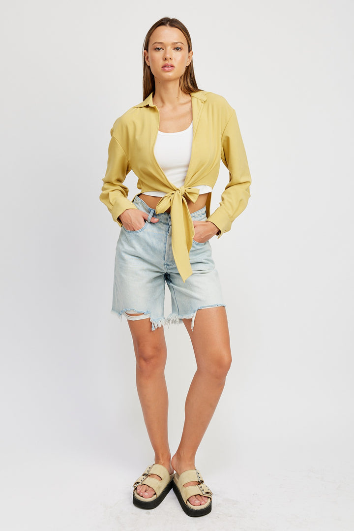 Yellow Tie Front Cropped Blouse
