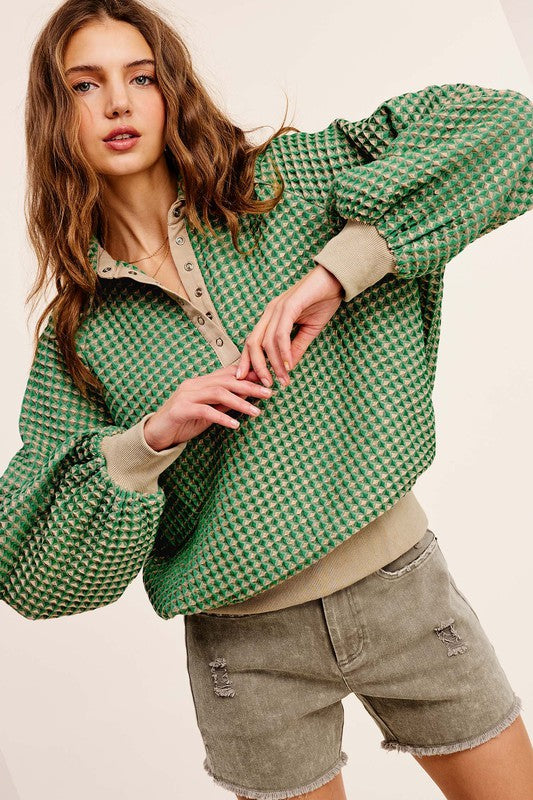 Oversized Two Tone Textured Long Sleeve Top