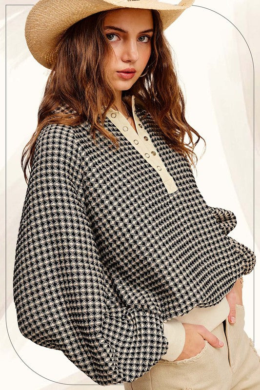 Oversized Two Tone Textured Long Sleeve Top