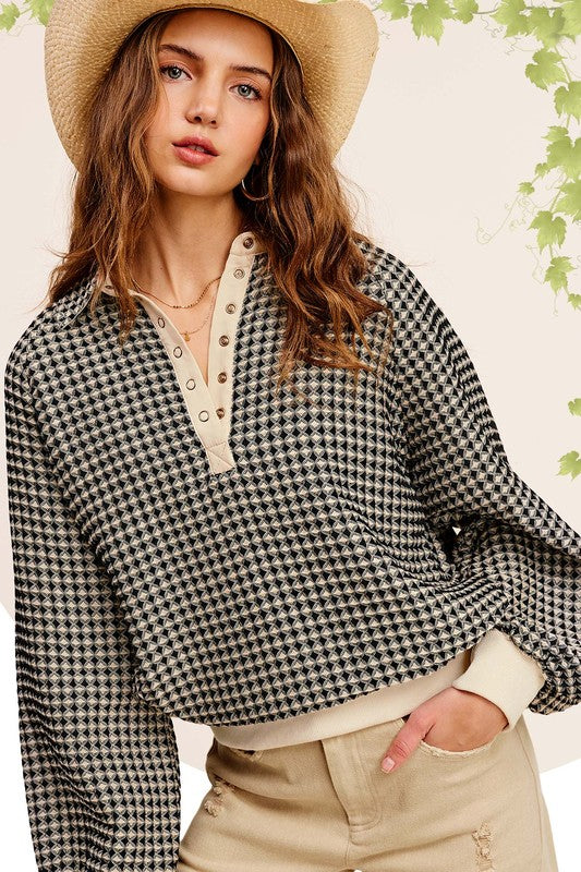 Oversized Two Tone Textured Long Sleeve Top
