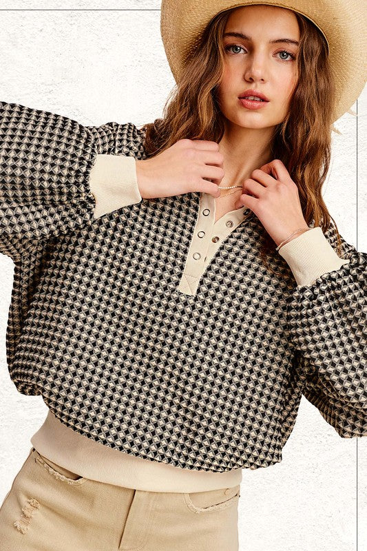 Oversized Two Tone Textured Long Sleeve Top