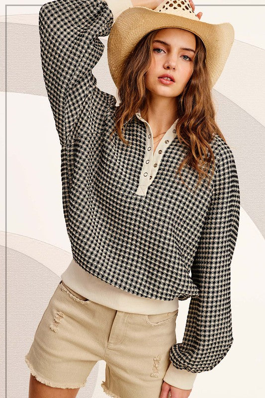 Oversized Two Tone Textured Long Sleeve Top