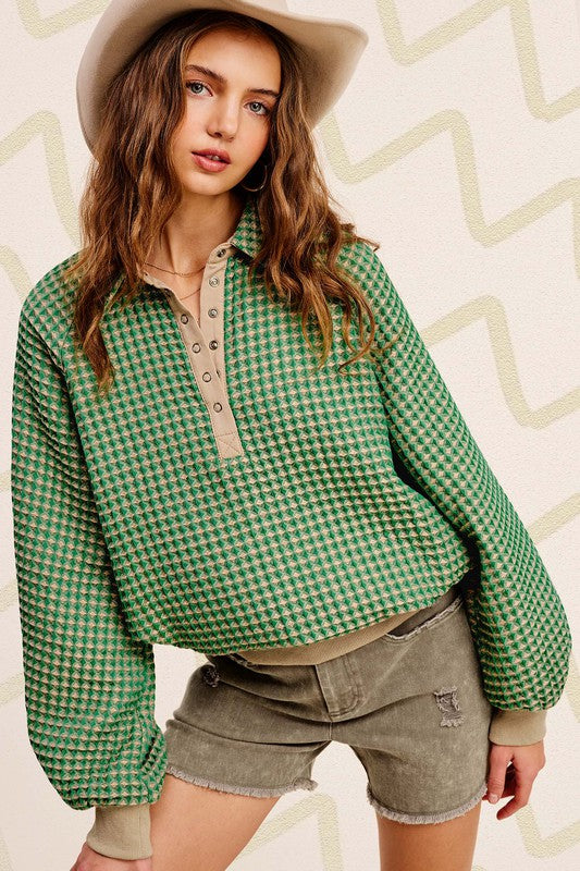 Caviar Oversized Two Tone Textured Long Sleeve Top