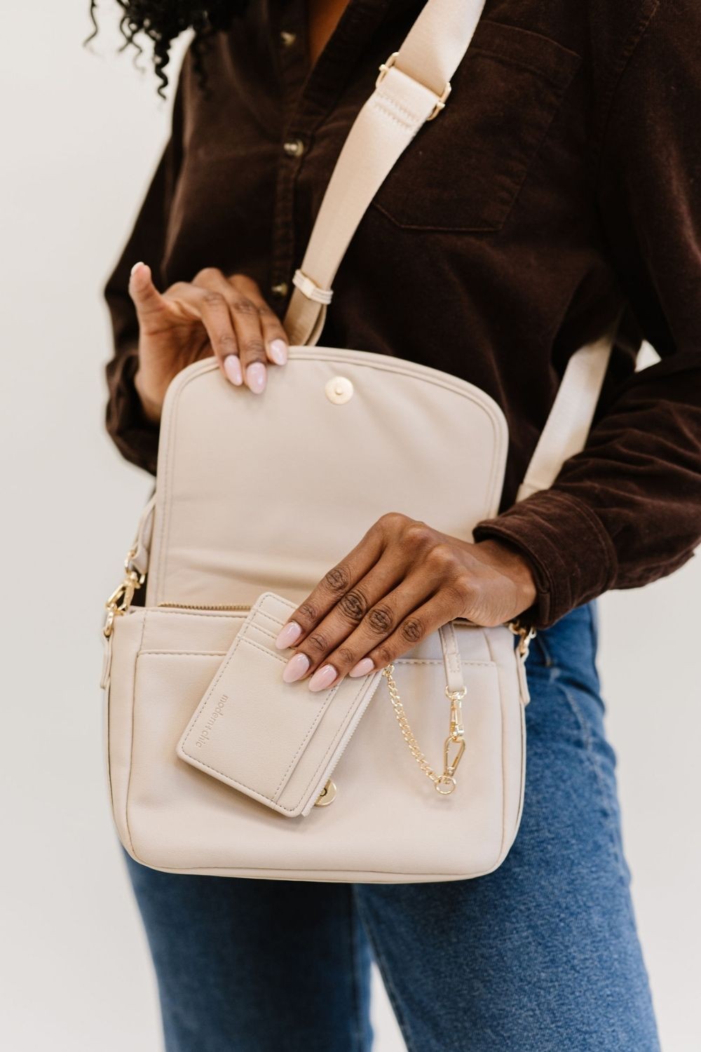 Camel Signature Crossbody Shoulder Bag With Card Wallet