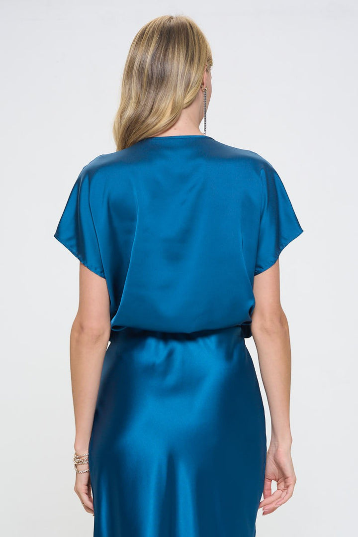 Made In Usa Satin Cowl Neck Short Sleeve Top 1