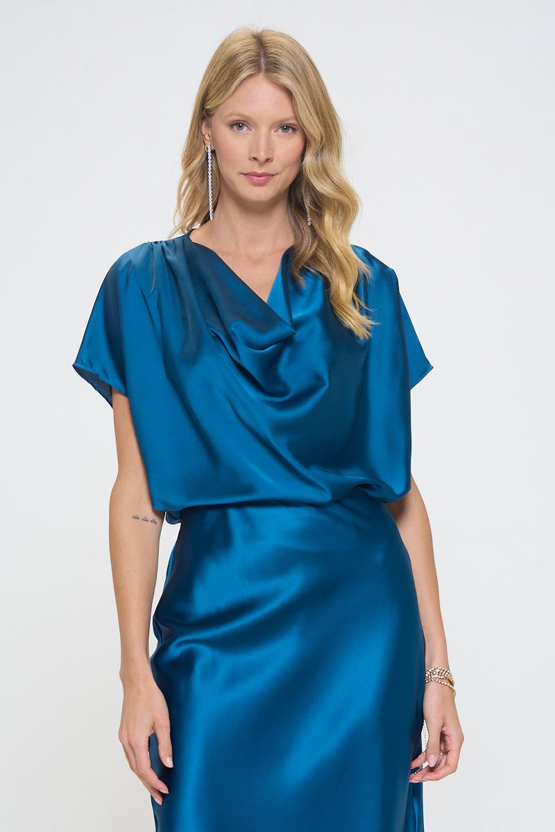 Tl Made In Usa Satin Cowl Neck Short Sleeve Top 1