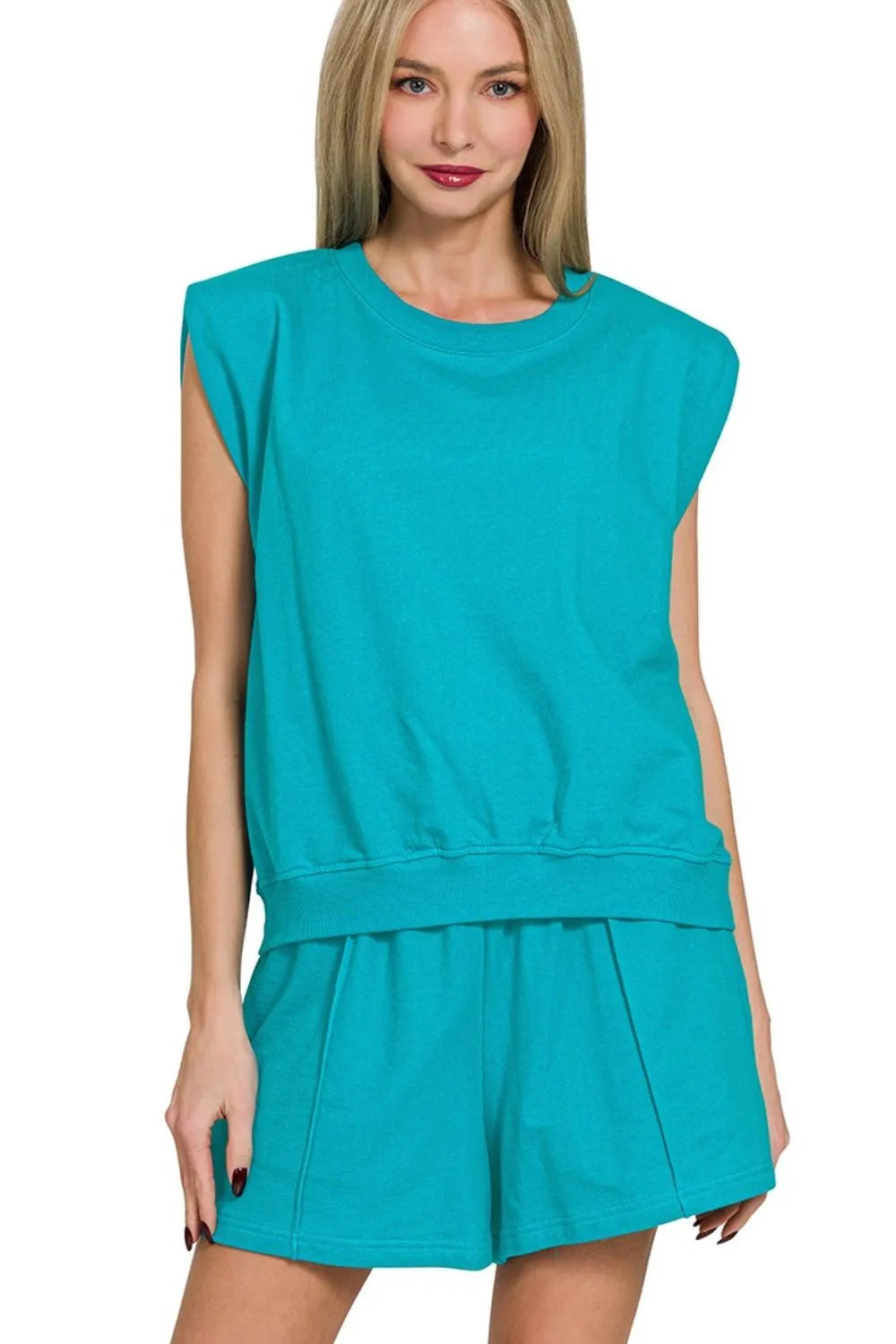 Lt Teal Zenana French Terry Sleeveless Top Shorts Set