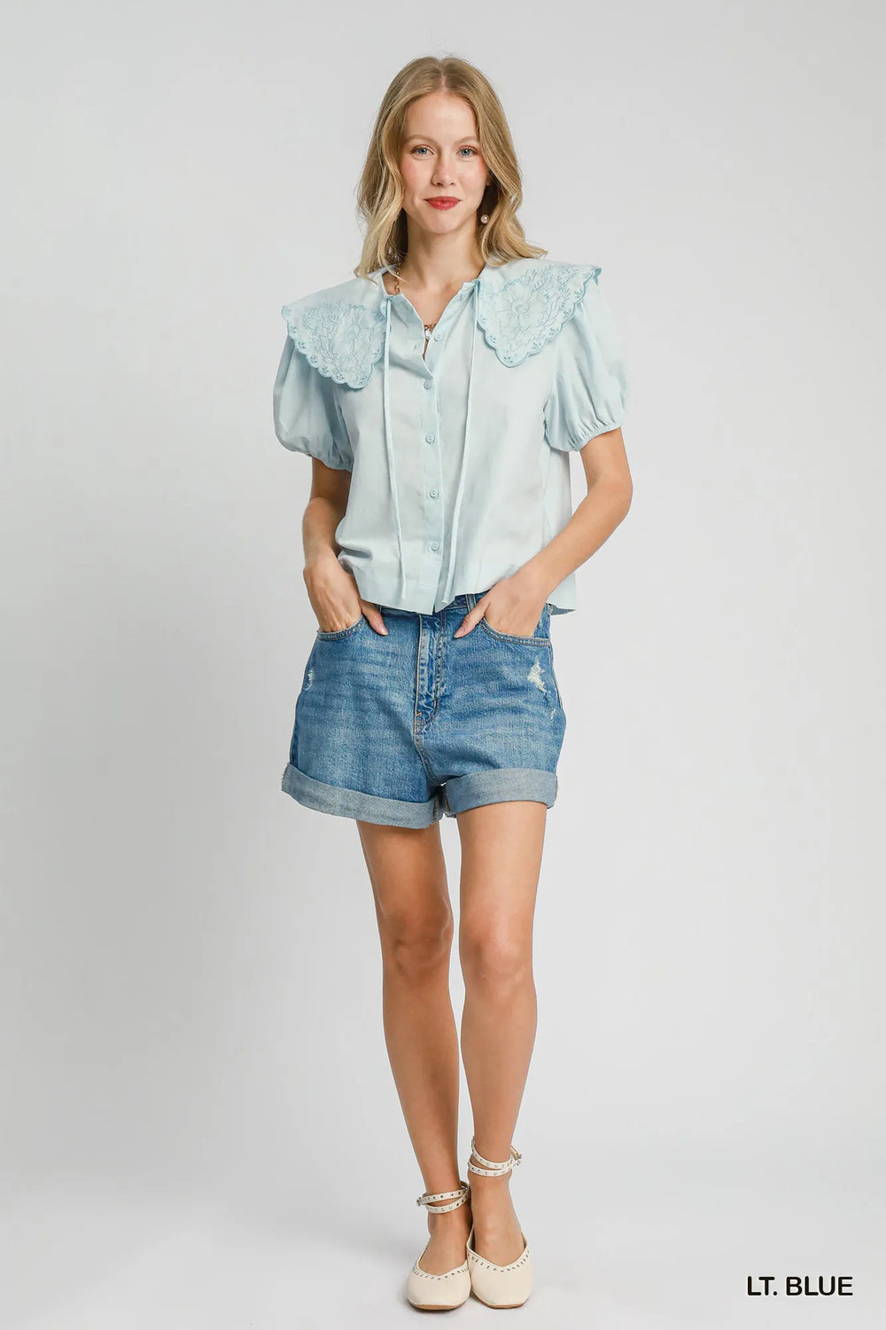 Lt. Blue Umgee Tied Collared Short Sleeve Button Down Shirt