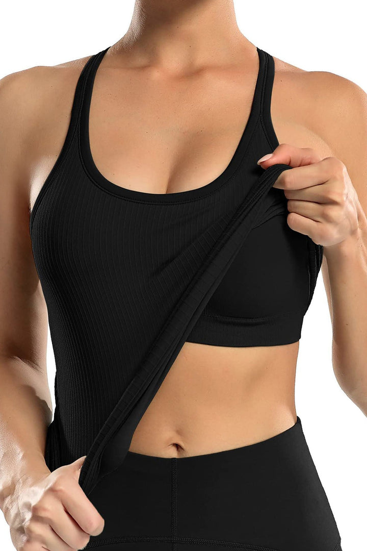 White Ribbed Workout Tank Tops With Built In Bra