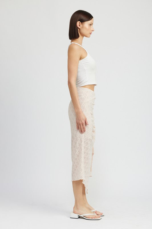 Ruched Lace Skit With High Slit