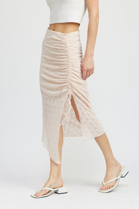 Ruched Lace Skit With High Slit