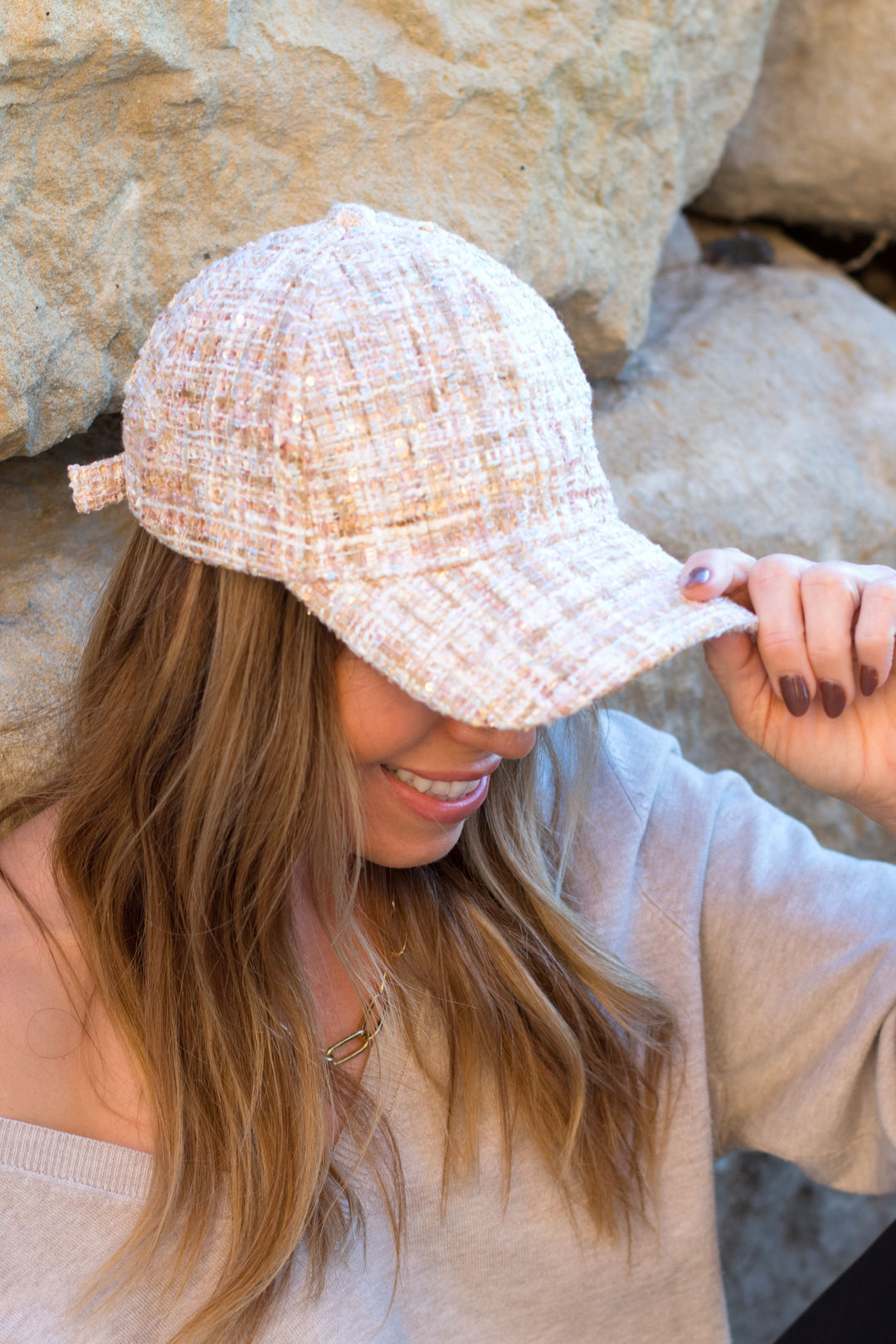Beige Tweed Sparkle Ball Cap