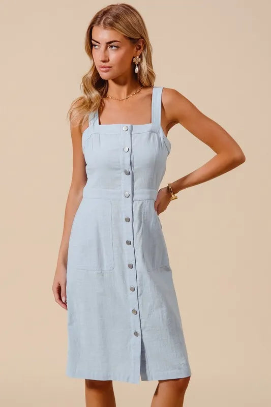 Lt Denim So Me Button Down Pocket Front Pinafore Dress 1