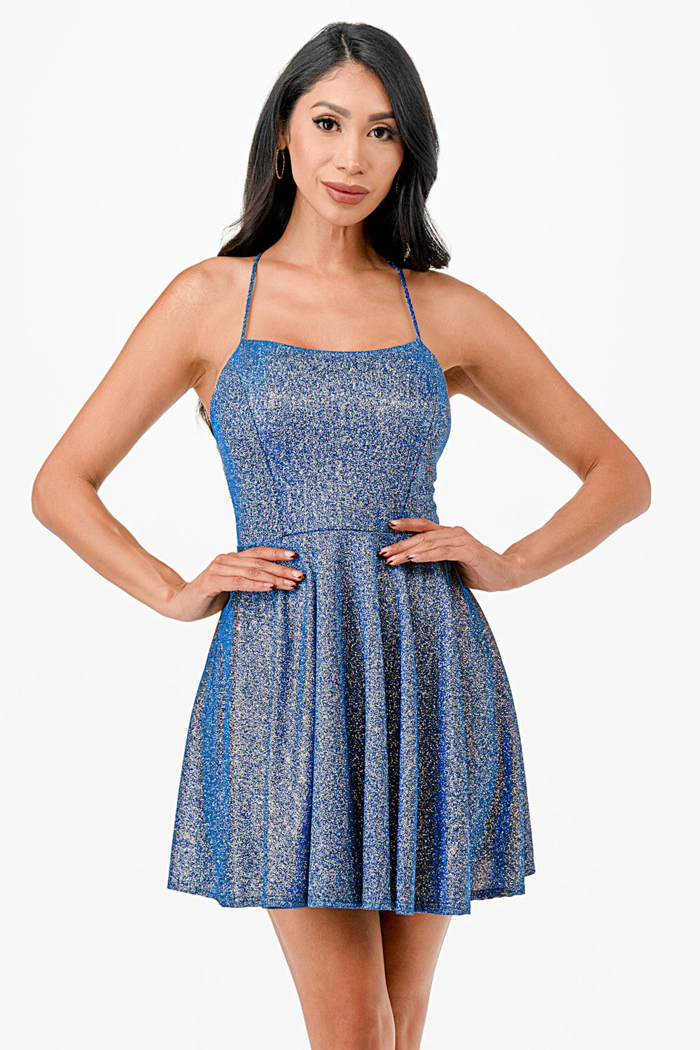 Glittered Fit & Flare Mini Dress with Spaghetti Straps