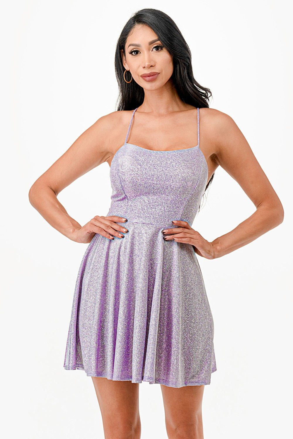 Glittered Fit & Flare Mini Dress with Spaghetti Straps