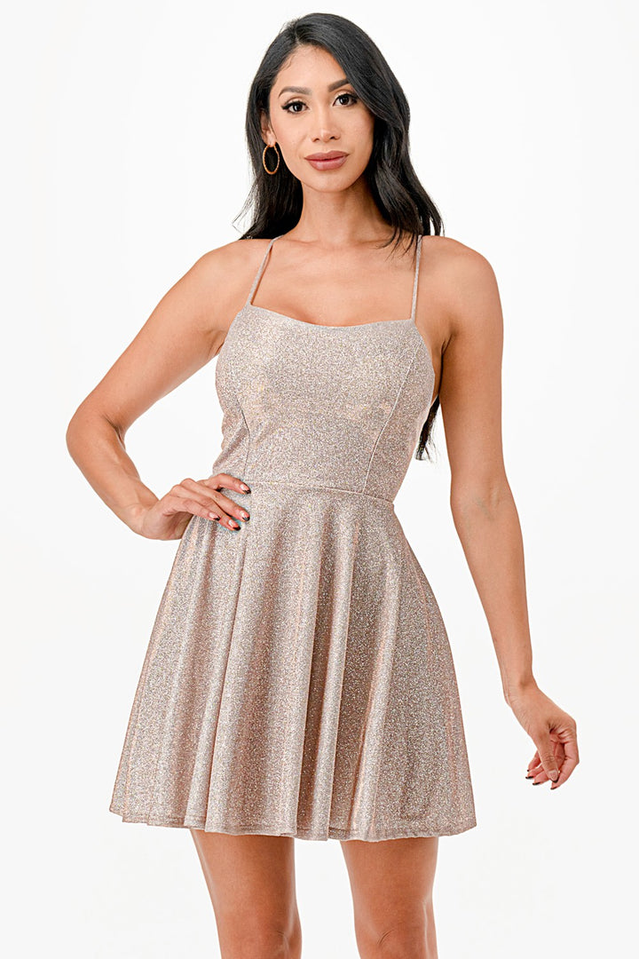 Glittered Fit & Flare Mini Dress with Spaghetti Straps
