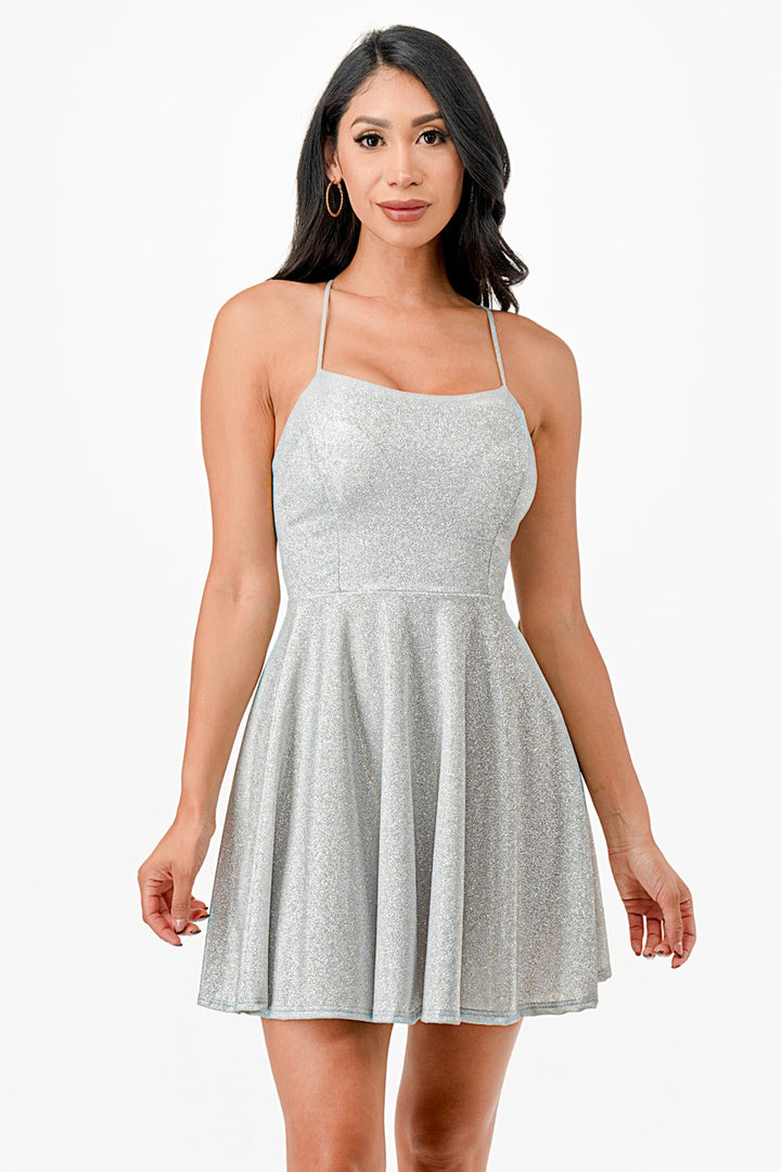 Glittered Fit & Flare Mini Dress with Spaghetti Straps