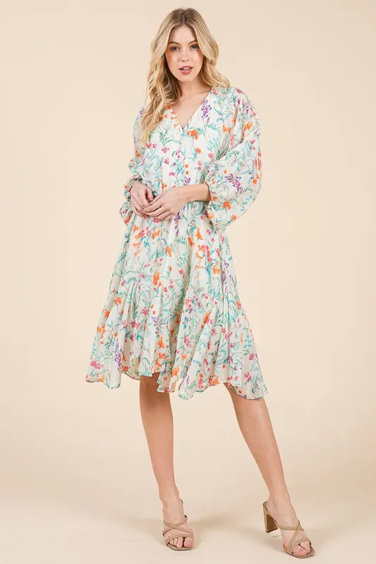 Lime N Chili Floral Cinched Waist Balloon Sleeve V Neck Dress
