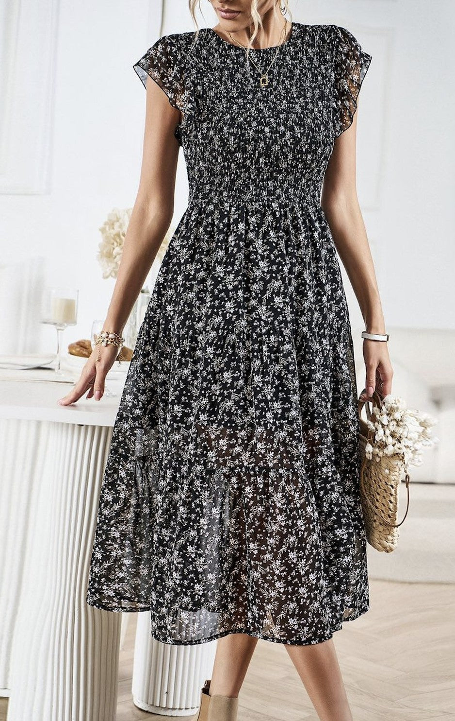 Beige Floral Print Smocked Dress
