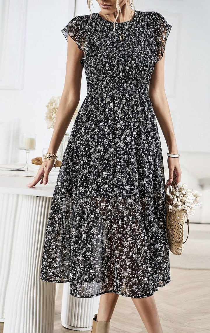 Beige Floral Print Smocked Dress