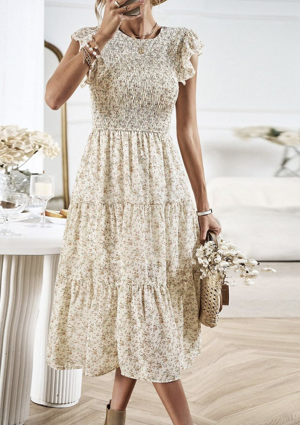 Beige Floral Print Smocked Dress