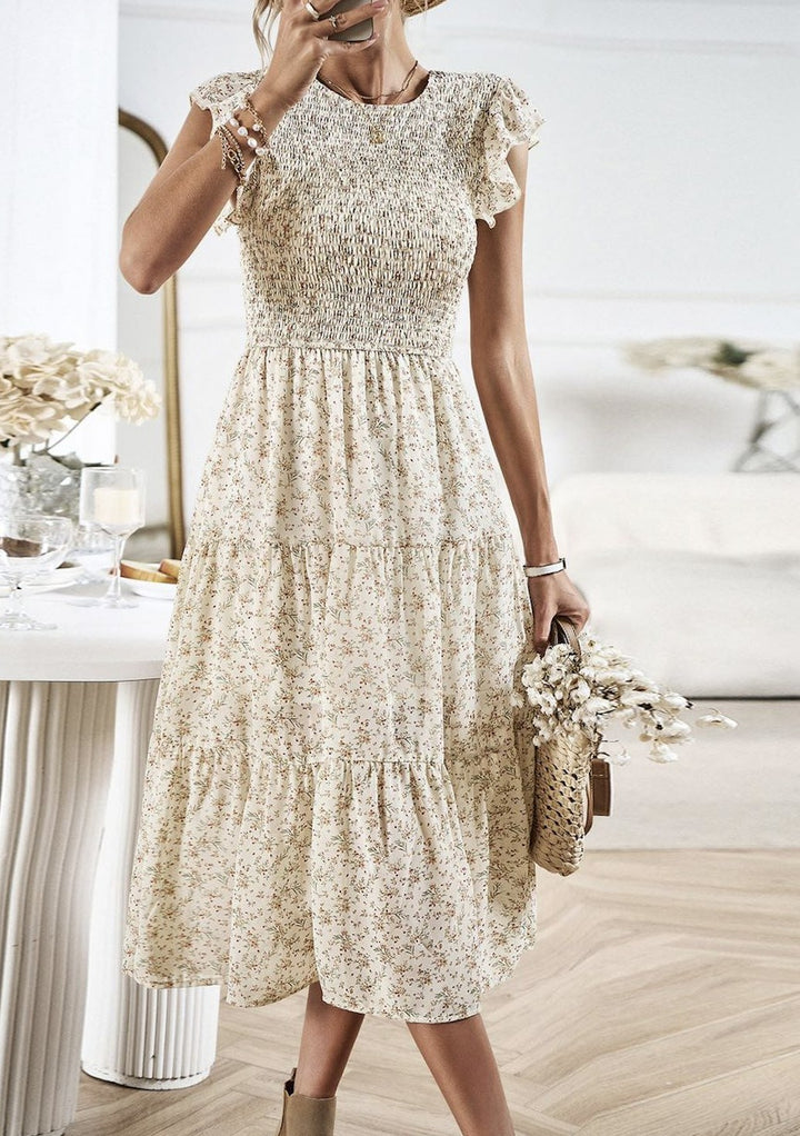 Beige Floral Print Smocked Dress