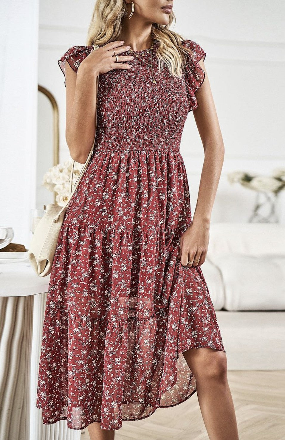 Beige Floral Print Smocked Dress