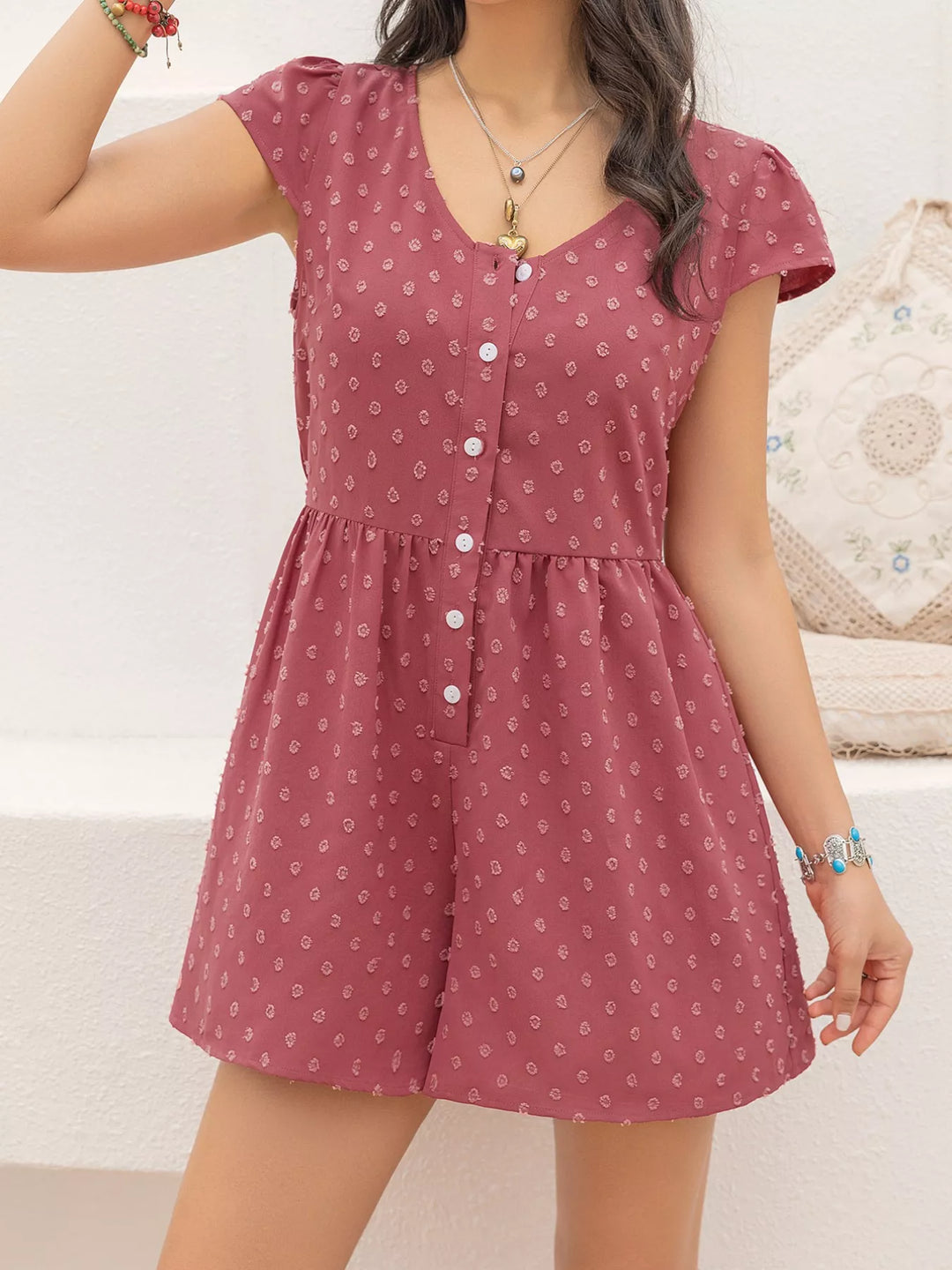 Rust Swiss Dot Cap Sleeve Romper