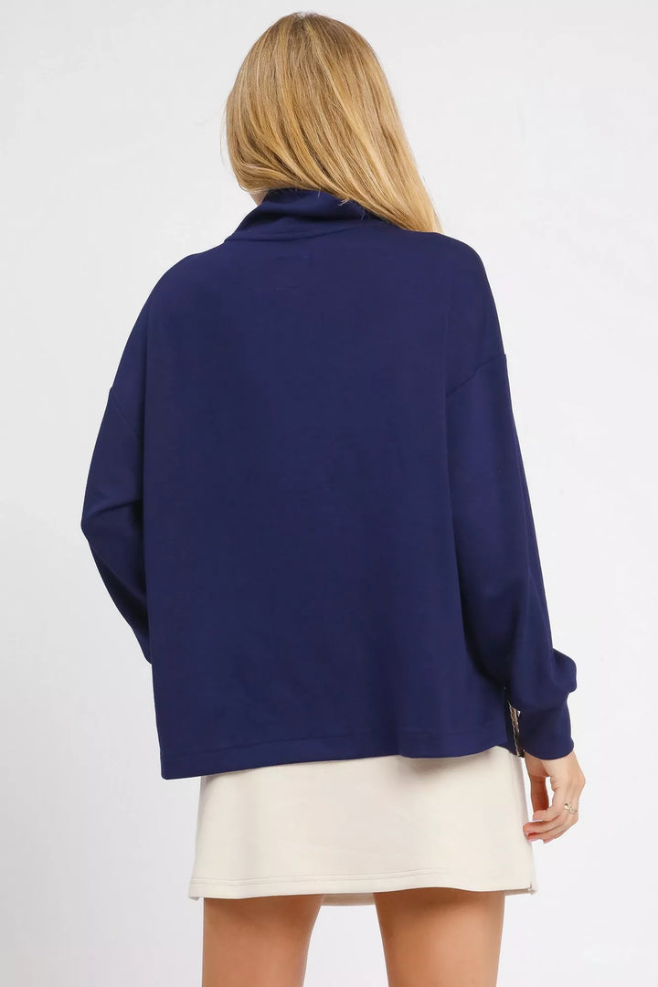 Navy Umgee Turtle Neck Dolman Sleeve Side Slit Sweater With Contrast Detail
