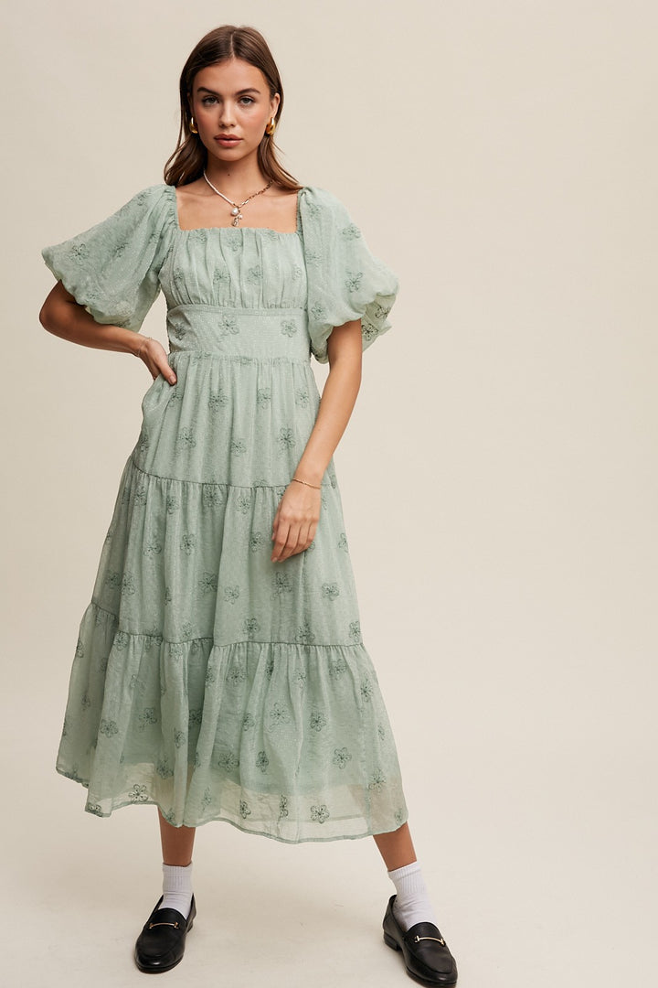 Green Lily Flower Embroidered Puff Sleeve Tiered Maxi Dress | Anekay