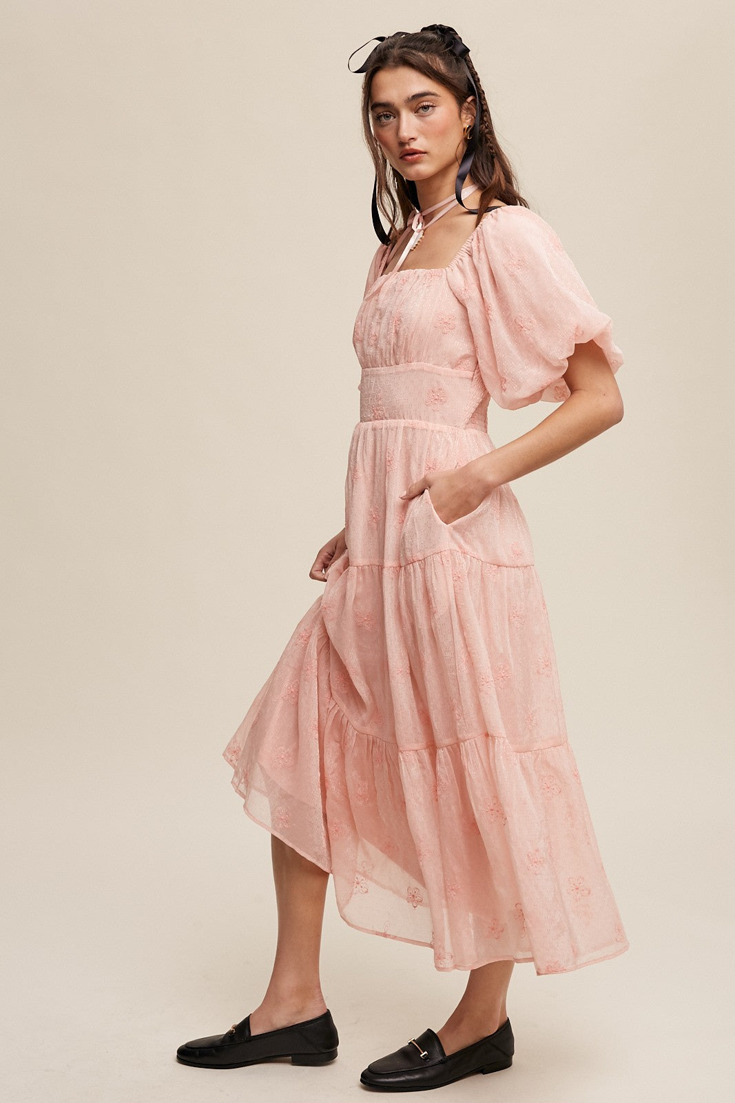 Apricot Flower Embroidered Puff Sleeve Tiered Maxi Dress | Anekay
