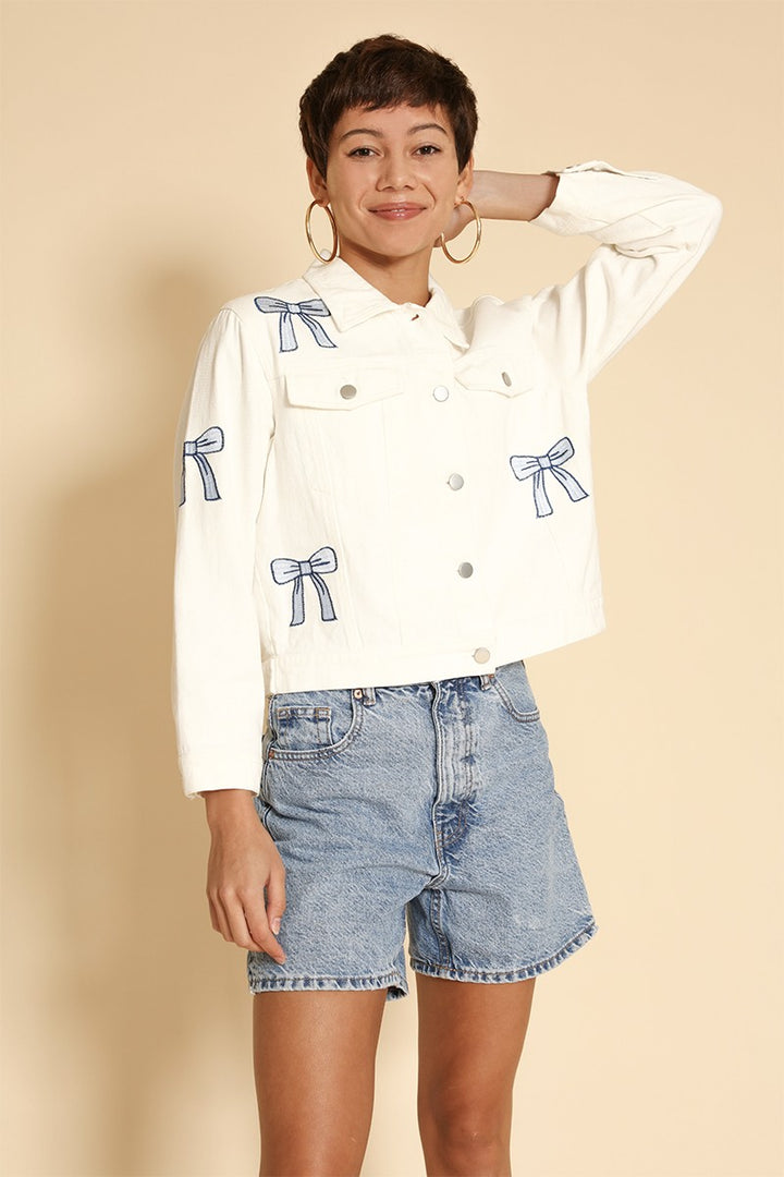White Embroidered Bow Denim Jacket
