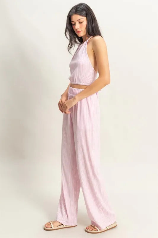 Pink/White Hyfve Striped Halter Neck Top And Pants Set 1