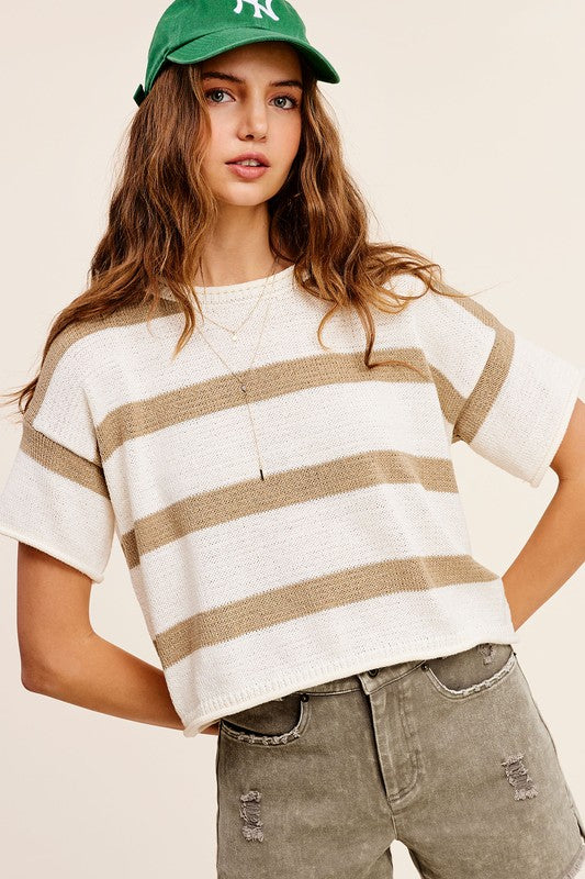 Carbon Lightweight Stripe Sweater Short Sleeve Top