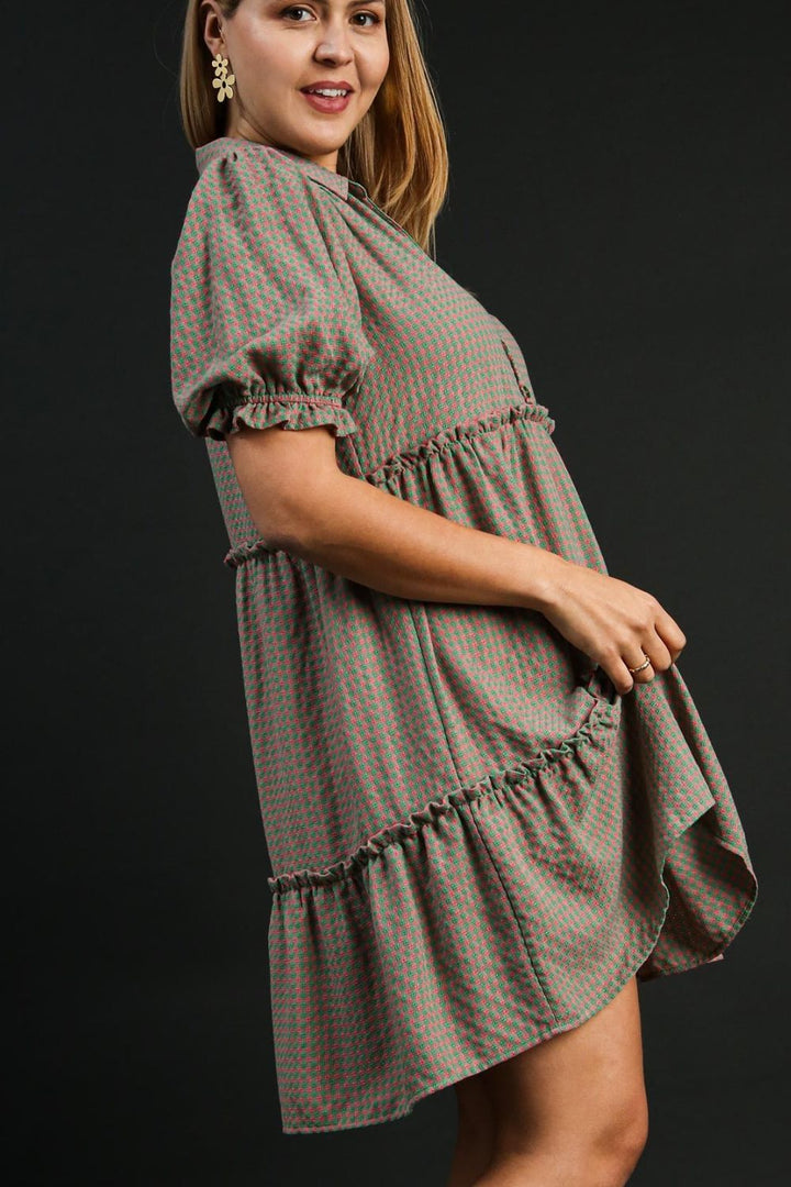 GREEN/PINK Umgee Full Size Plaid Frill Button Detail Ruffled Short Sleeve Dress Plus Size