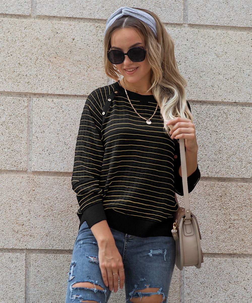 Black Striped Pattern Raglan Sleeve Sweater