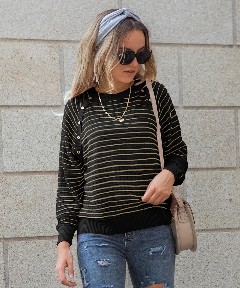 Black Striped Pattern Raglan Sleeve Sweater