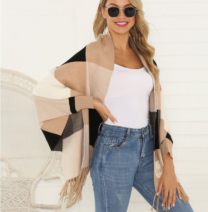 Brown Color Block Fringe Hem Batwing Sleeve Cardigan