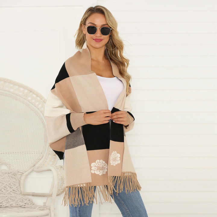 Brown Color Block Fringe Hem Batwing Sleeve Cardigan