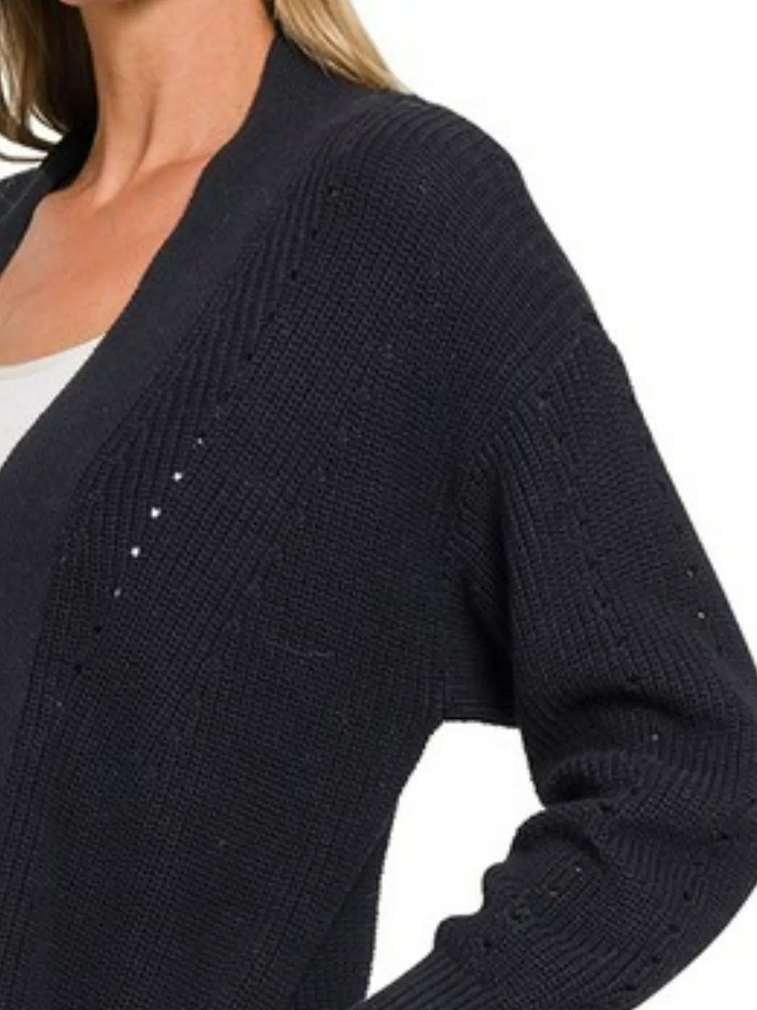 Black Zenana Eyelet Open Sweater Cardigan With Pockets