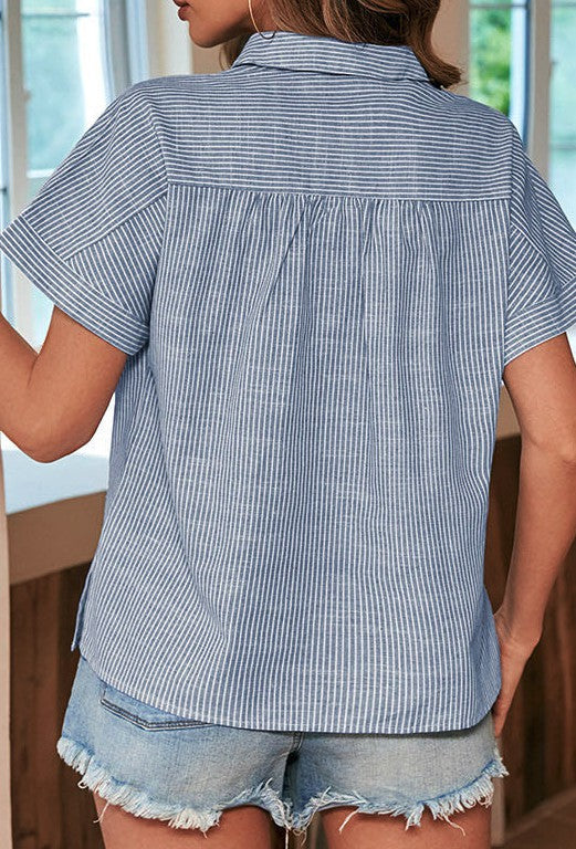 Blue Striped Half Button Short Sleeve Shirt