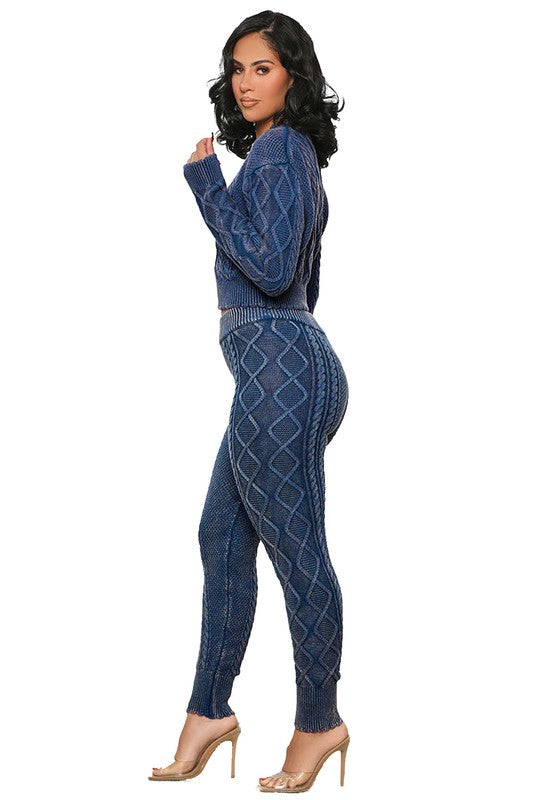 Blue Women Fashion 2Pcs Sweater Pants Set 1