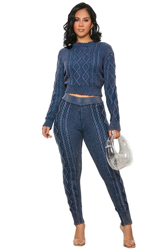 Blue Women Fashion 2Pcs Sweater Pants Set 1