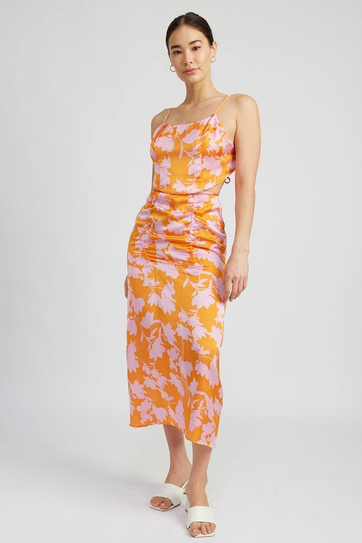 Orange Pink Print Cropped Woven Top With Back Tie