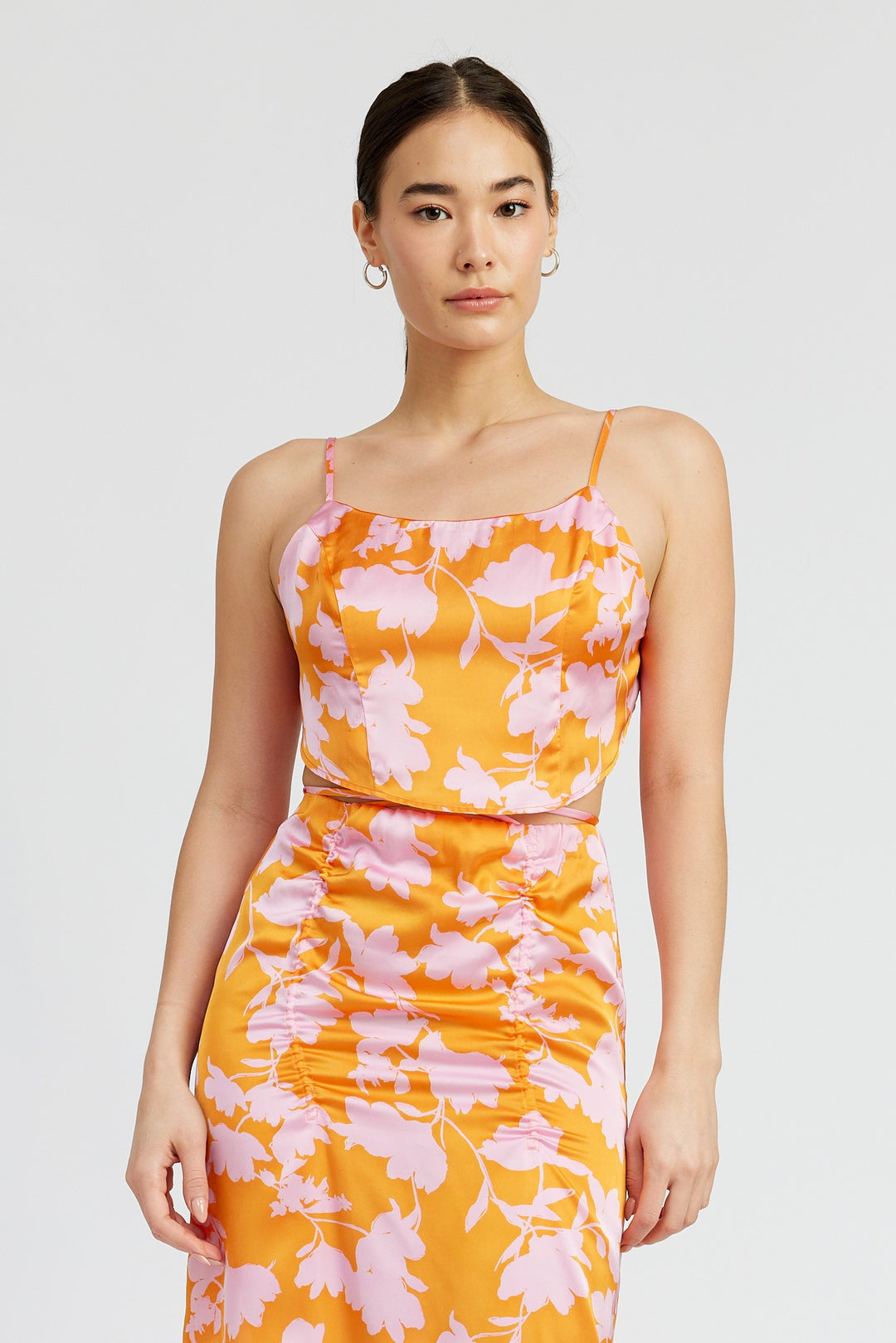 Orange Pink Print Cropped Woven Top With Back Tie