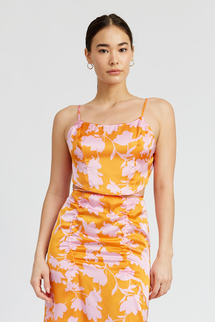 Orange Pink Print Cropped Woven Top With Back Tie